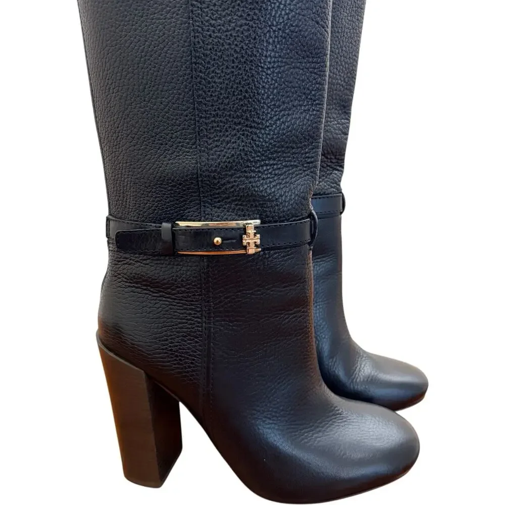 Tory Burch Jenna Black Pebbled Leather Knee High Boots Size 8.5